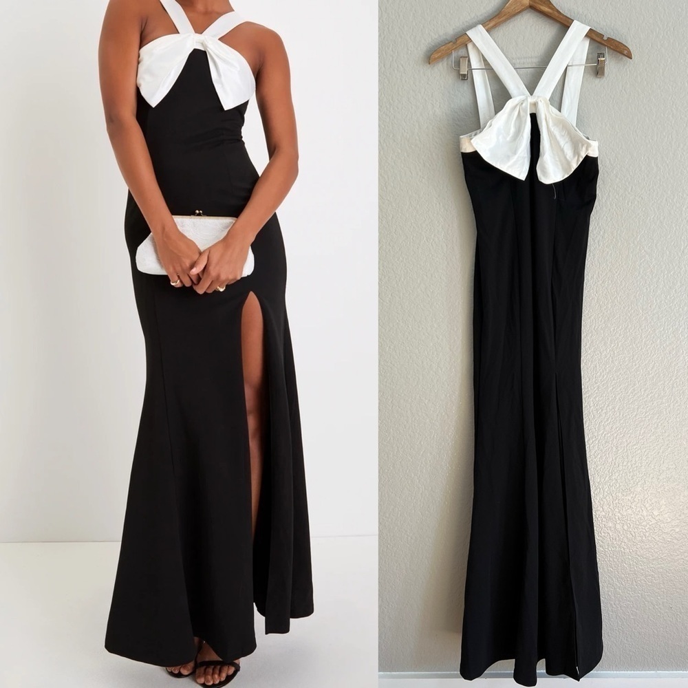 Lulus Luxurious Outlook Black and White Bow Mermaid Maxi Dress